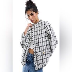 FASHION NOVA Med.Shimmer Tweed Fringe Black, White,Gold Tweed Blazer Jacket